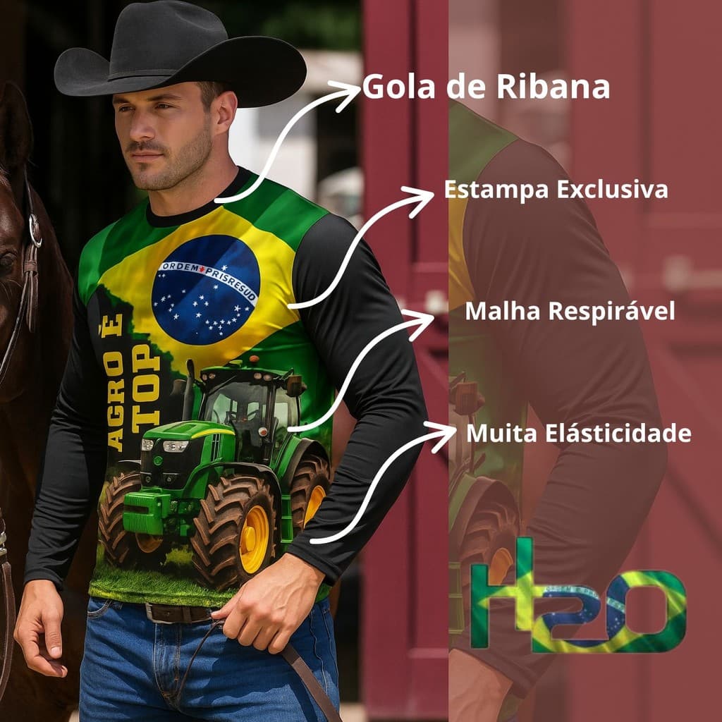 Camiseta Manga Longa UV Masculina Agro Rural – Proteção Solar, Estampa Caminhão e Trator, Ideal para Trabalho no Campo