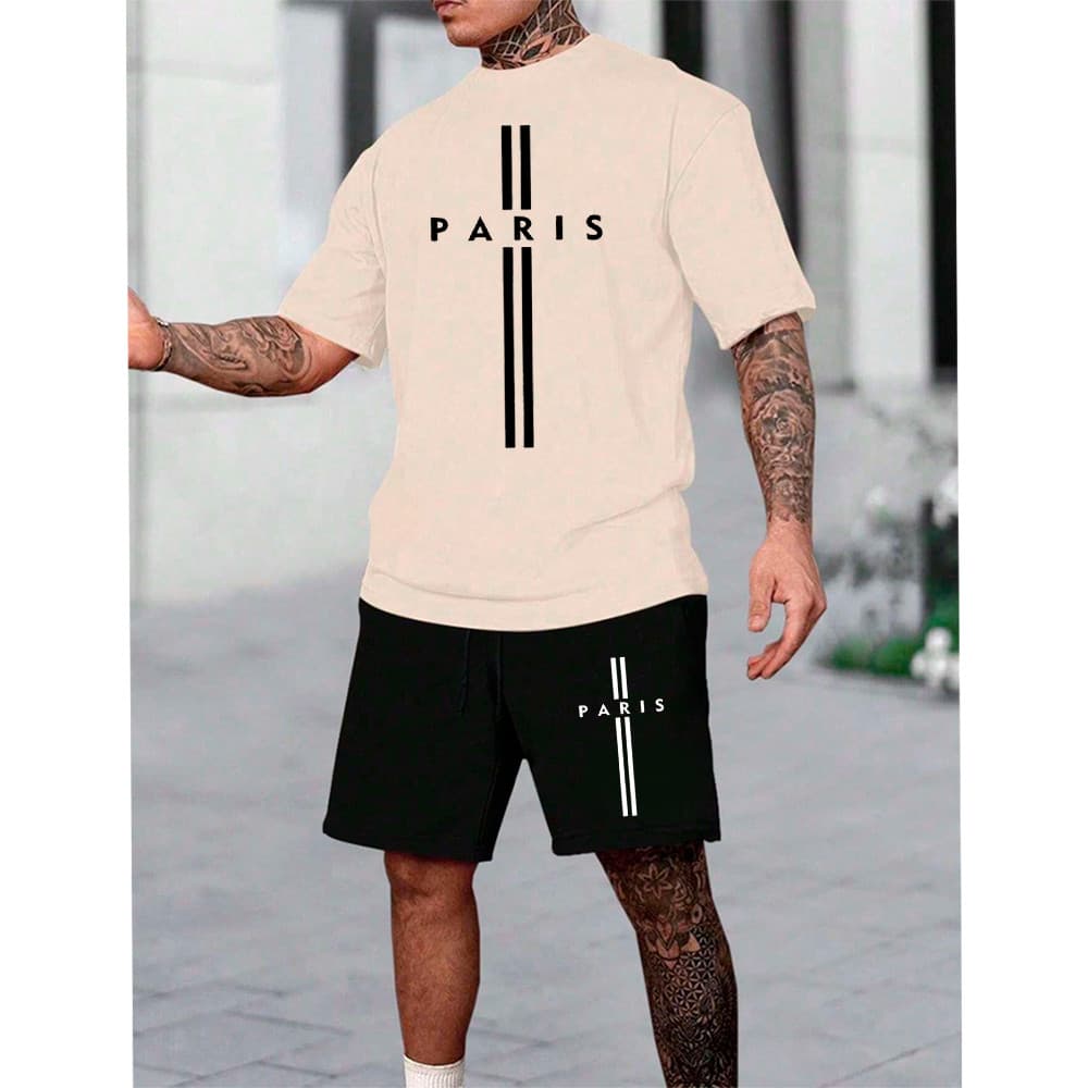 Conjunto Kit Camiseta E Bermuda Masculina Tactel Paris Duas Faixas Leve Conforto
