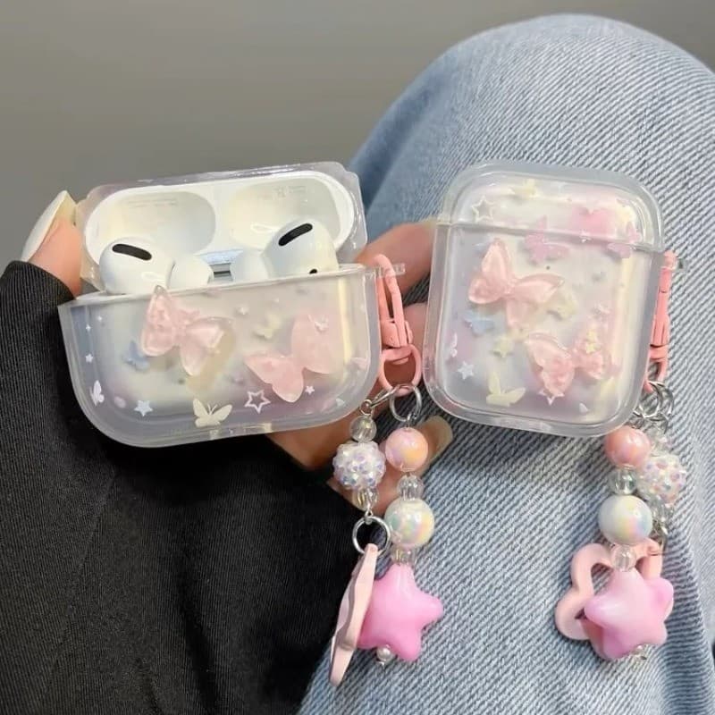Capa Borboleta rosa Protetora para Airpods Pro 2 com Chaveiro de coração de cristal