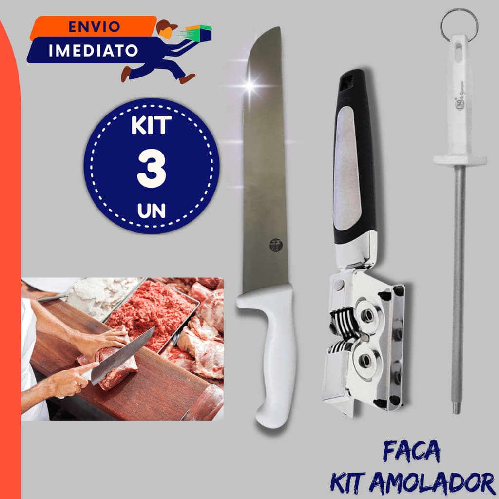 Jogo Churrasco Faca Chef Inox Multiuso + Chaira Afiadora + Amolador de Facas 1 2 3 Peças