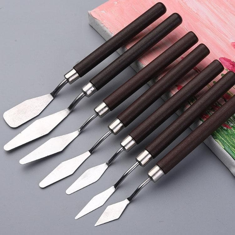 Kit 7 Espátulas De Aço Inoxidável E Madeira Para Pintura A Óleo Artesanato E Confeitaria