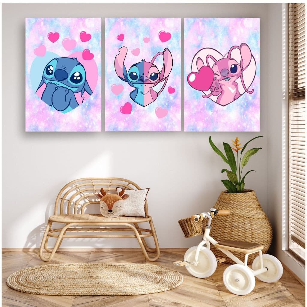 KIT 3 QUADROS STITCH  Angel DECORAÇÃO QUARTO INFANTIL