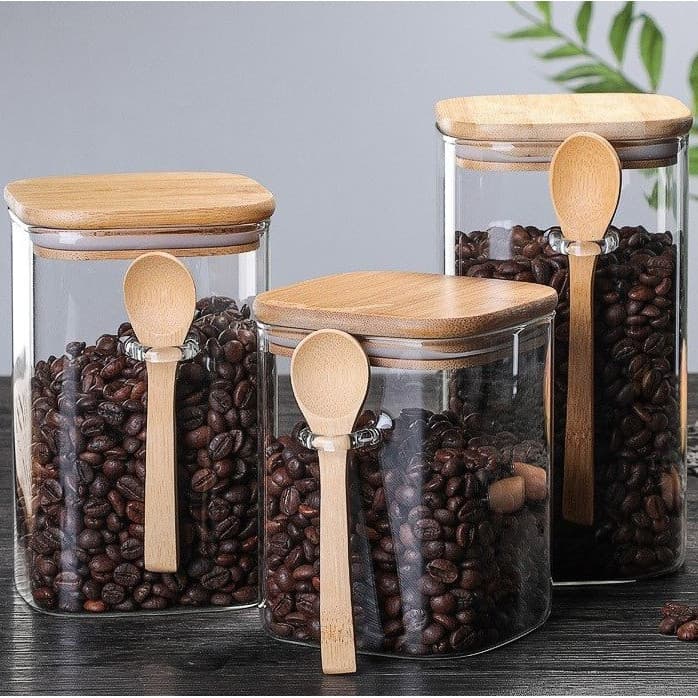 Pote De Vidro Redondo Tampa Bambu Hermético Com Colher 600/450/250/150ML pote de vidro com tampa bambu