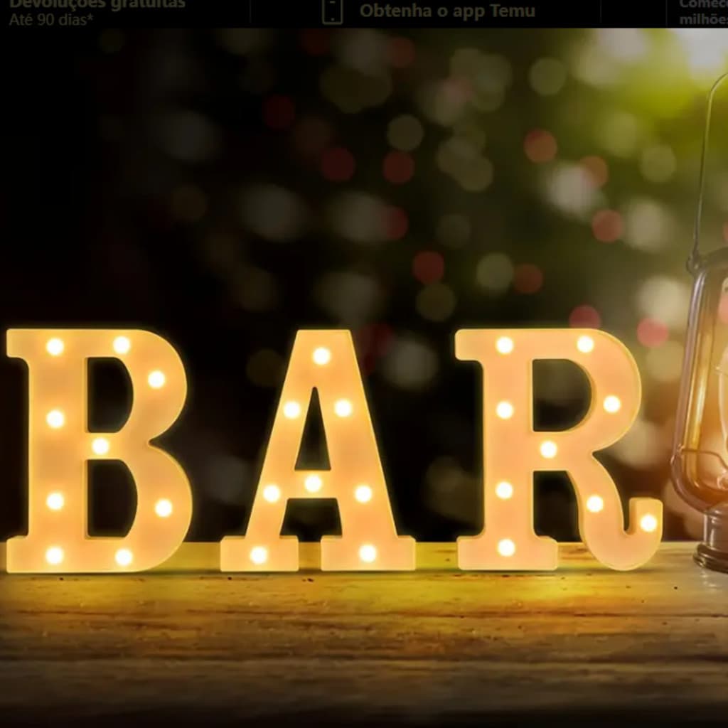 Kit 3 Letras LED Luminárias BAR + Pilhas 16cm e 21cm