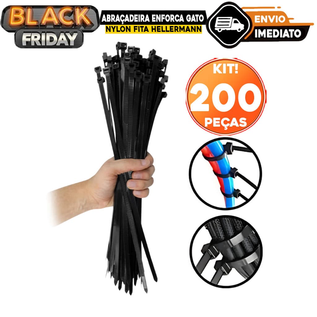 Abraçadeira Enforca Gato de Nylon Fita Hellermann "4,8mm x 300mm c/ 200 Unidades Cintas Plásticas Preto Ideal p/ Fixação
