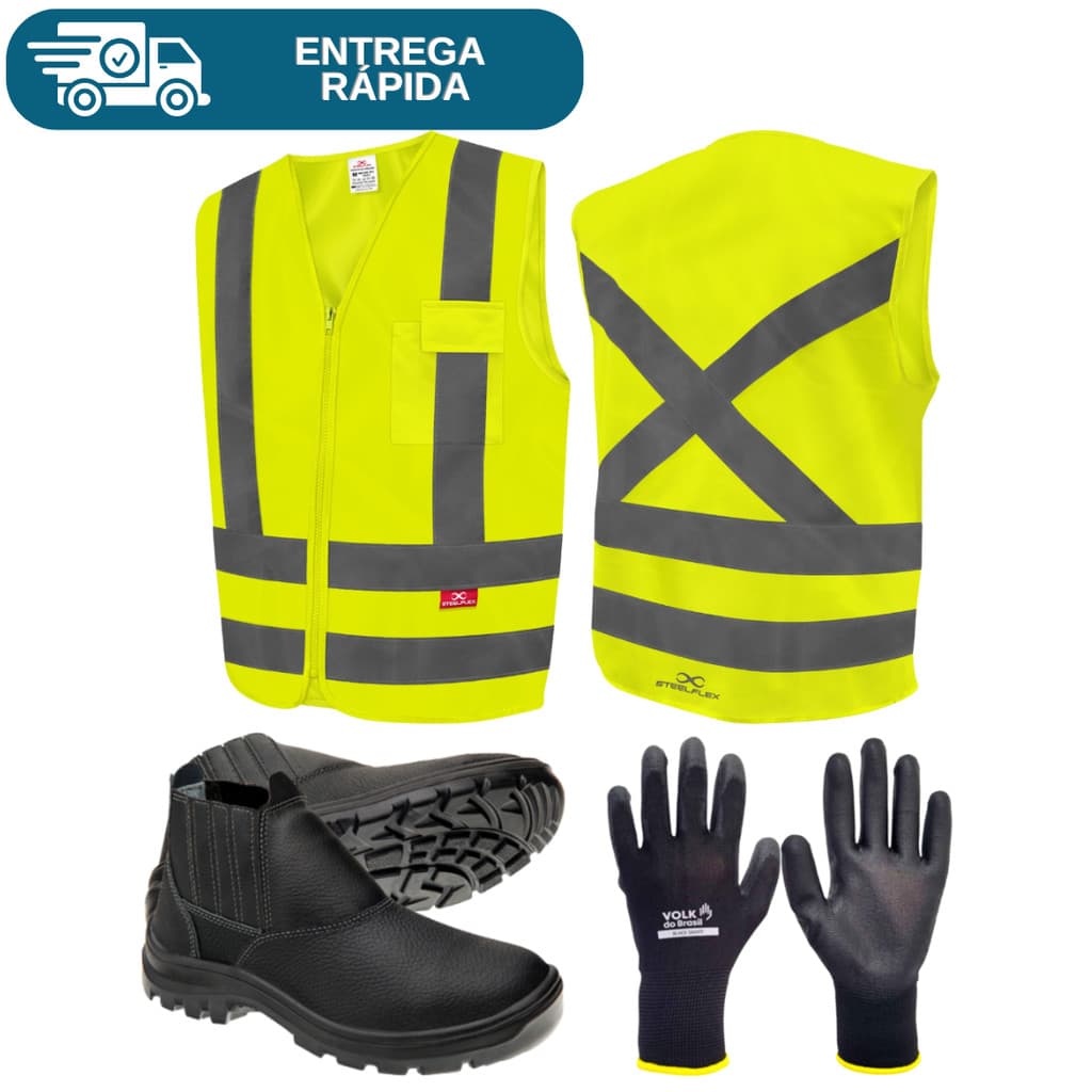 Kit Epi Entregador Mercado Motorista Bota Botina Bico Pvc Vulca + Colete Refletivo + Luva Multitato