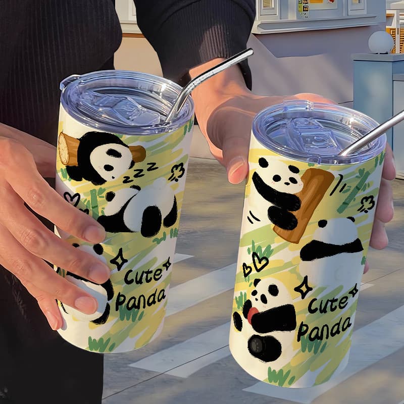 Copo térmico de panda fofo com canudo, copo casual para café, copo térmico portátil de aço inoxidável com canudo.