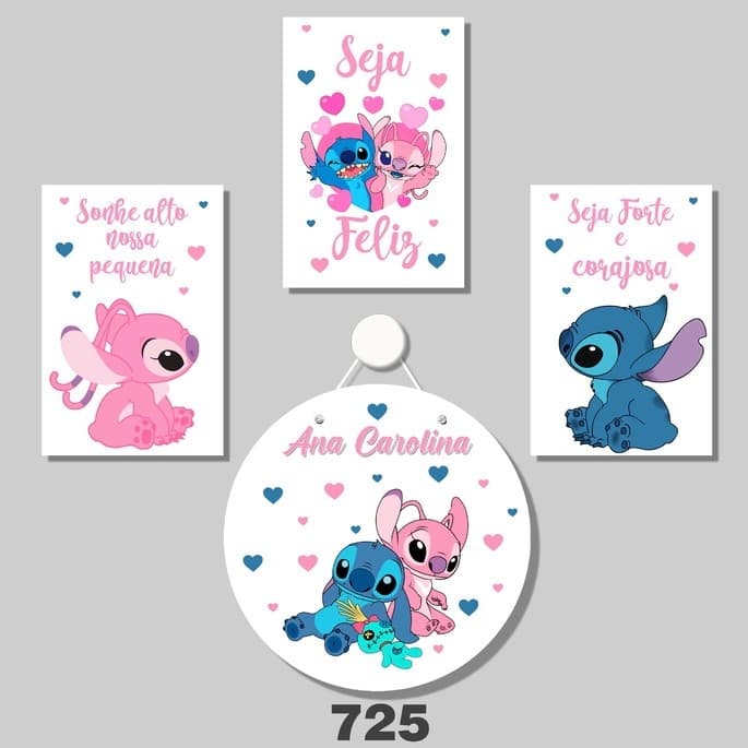Kit Quadros Decorativos Bebê com 4 Peças Personalizadas Nome Frase e Porta Maternidade Lilo Stitch
