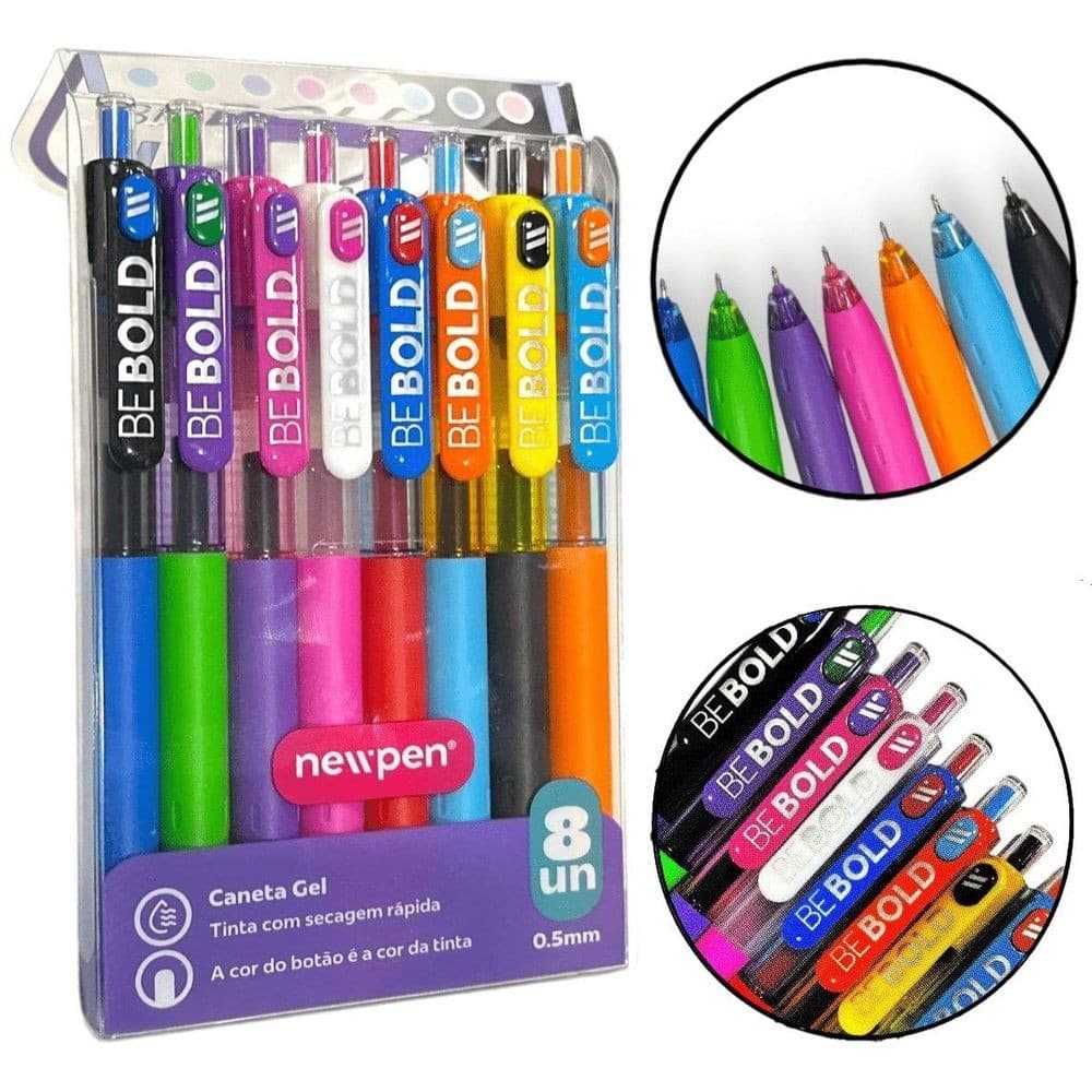 KIT CANETAS ESFEROGRÁFICAS NEW PEN BE BOLD MAX GEL RETRATIL COM 8 CORES