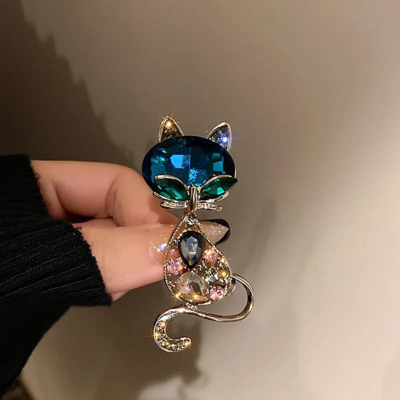 Broches de Gato com Strass para Mulheres, Alfinetes de Animal em Liga Dourada, Corsage de Cristal da Moda, Acessórios