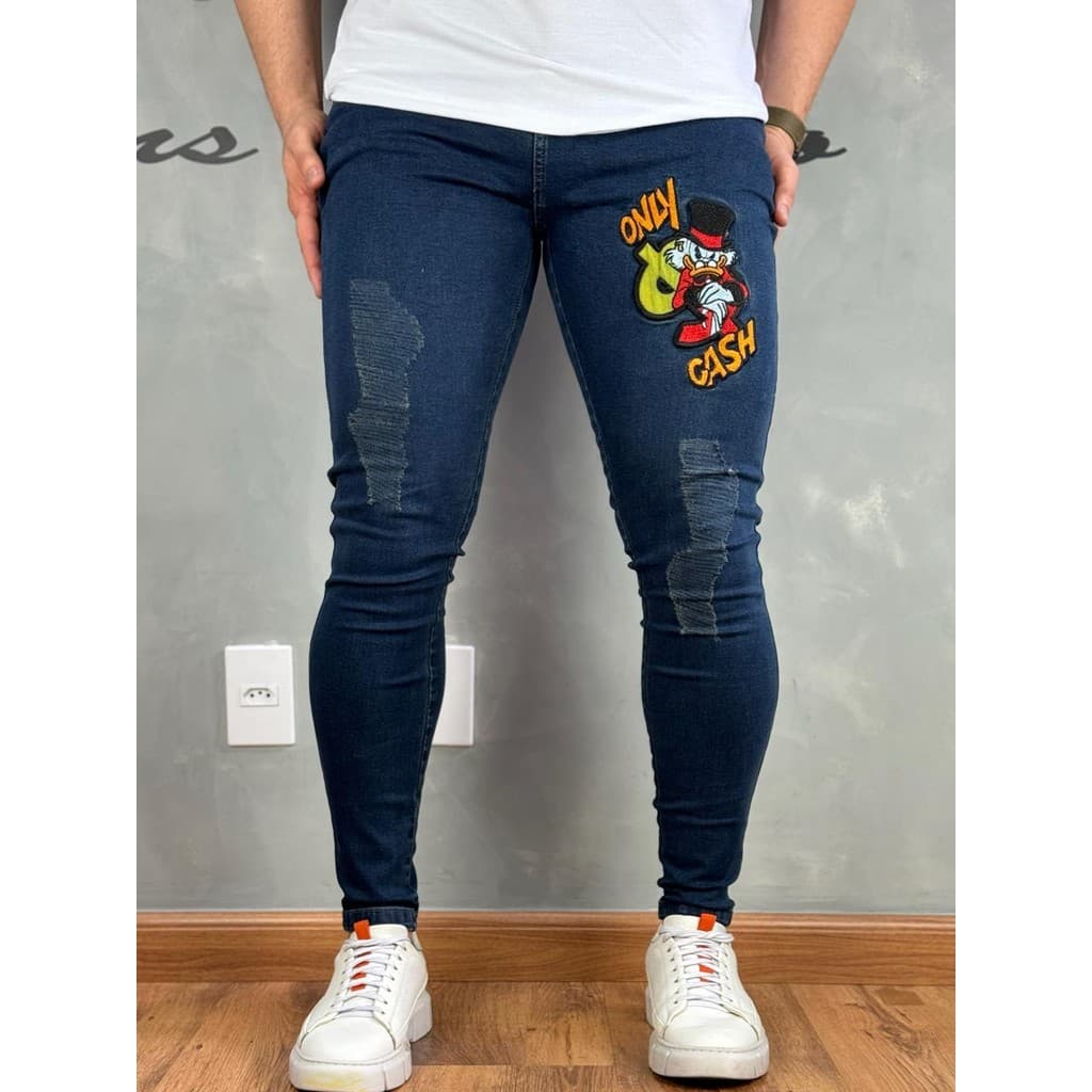 Calça Masculina Jeans Tecido Premium Modelo Super Skinny Com Bordado 3D