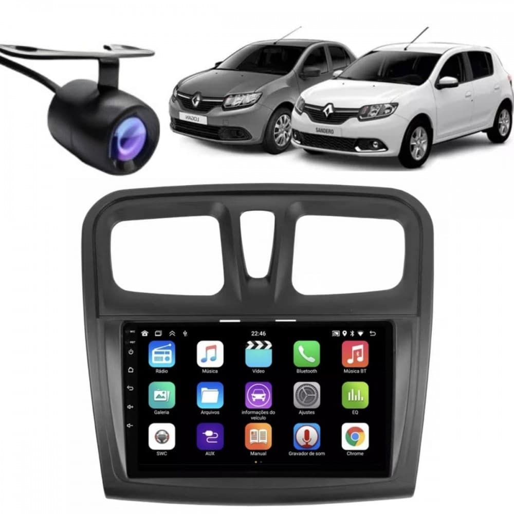 Central Multimídia Android 2 Din Renault Sandero Moldura 9" Câmera Ré PT Fosco
