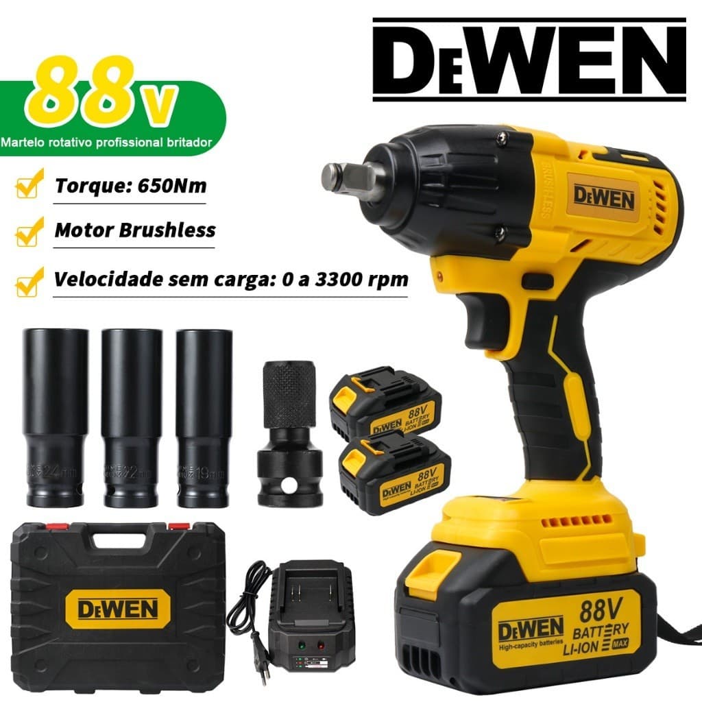 Chave De Impacto 650NM Parafusadeira Furadeira Chave elétrica de torque sem escova com 2baterias 88v