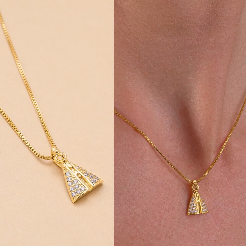 Colar Nossa Senhora Zircônias Delicada com Banho em Ouro 18k