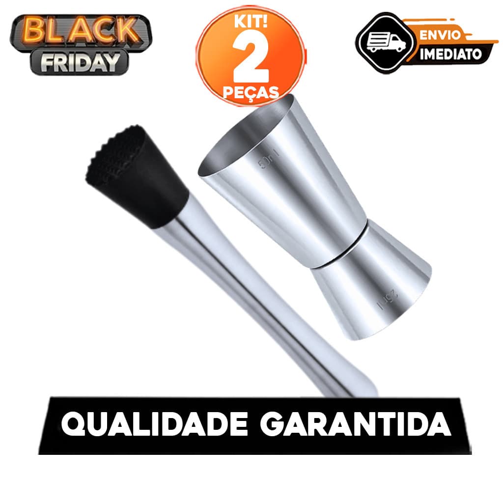 Jogo 2 Peças Socador Macetador De Caipirinha Bebidas Aço Inox 21cm Dosador De Bebidas Duplos Medidor Inox