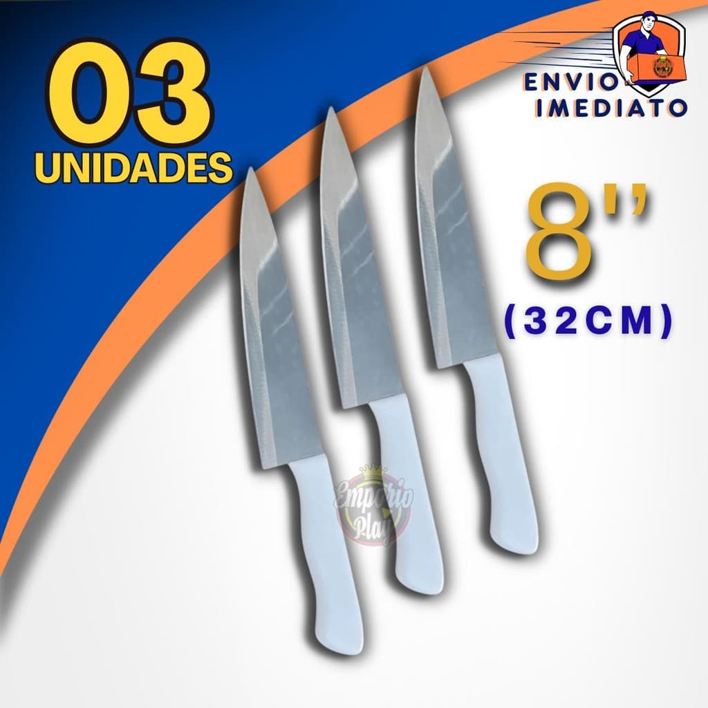 Kit Faca De Cozinha Grande 8 Polegadas Inox Profissional Do Chef Cabo Branco Antibacteriano 30CM