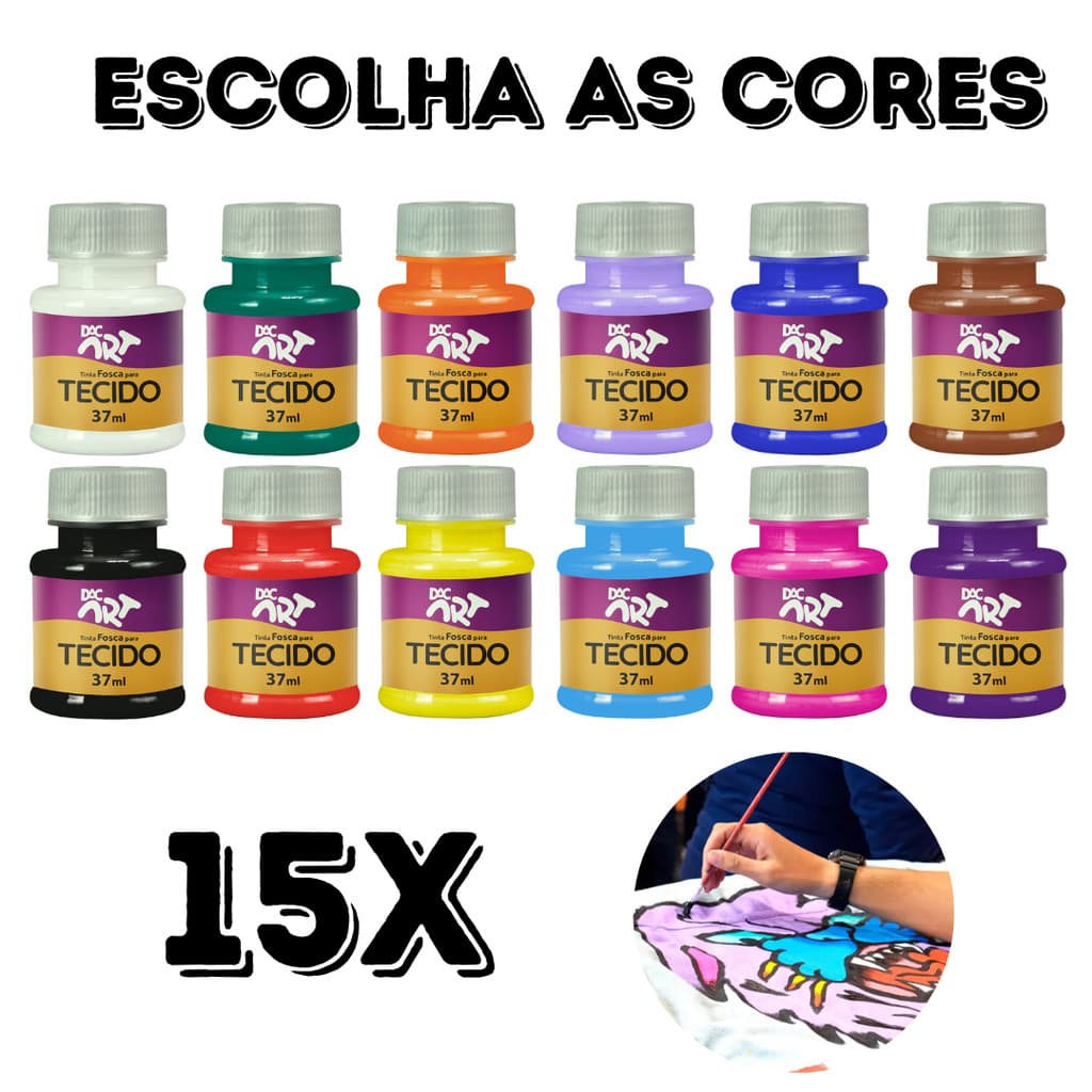 Kit Tinta Fosca Para Tecido 37Ml 15 Cores Escolha as cores