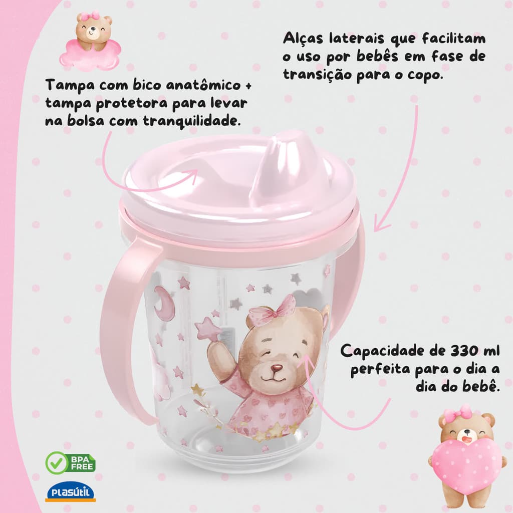 Copo Infantil BB Alça Treinamento Plasutil Ursinha Tampa Antivazamento Bebê Enxoval Protetora Menina
