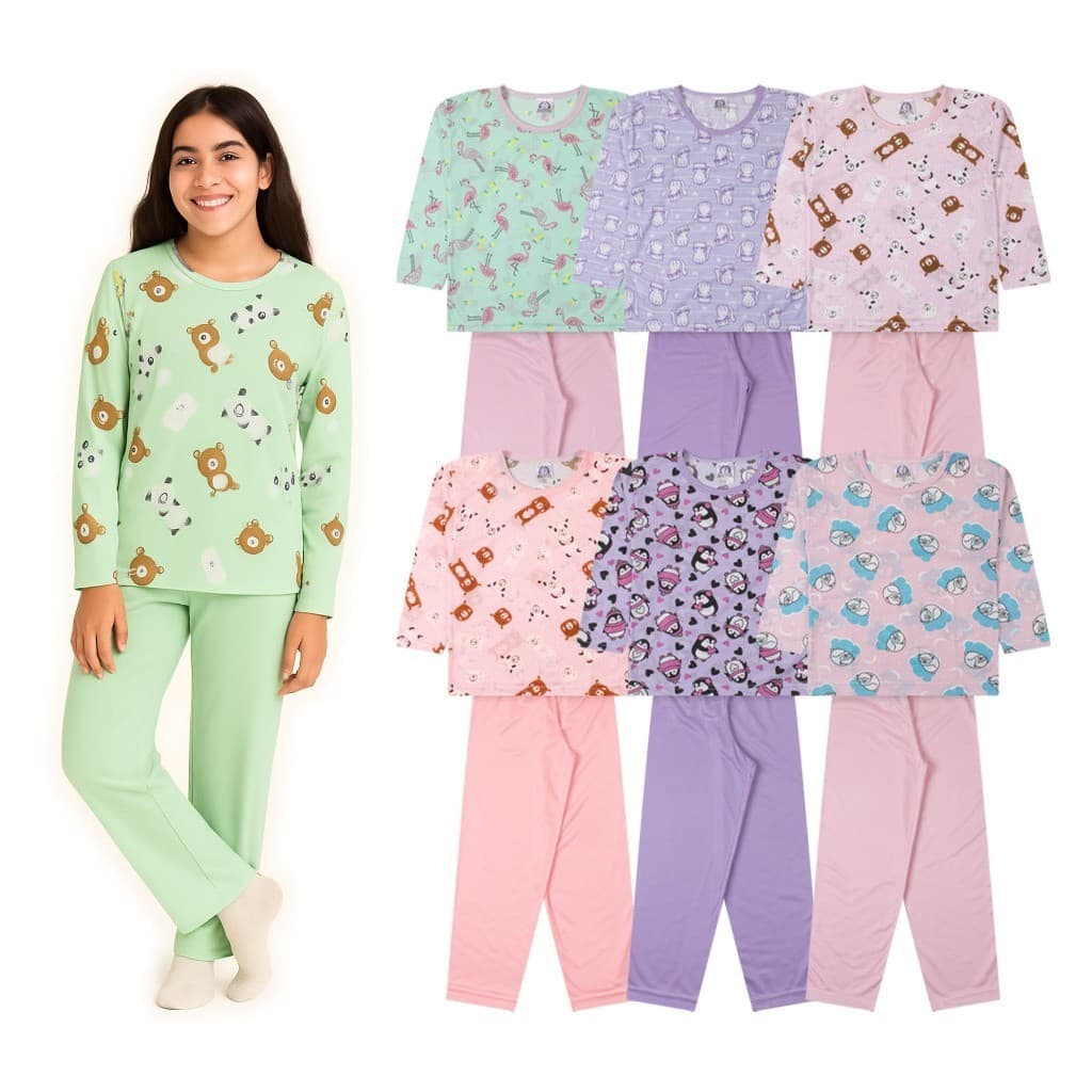 Kit 6 Peças Pijama Estampado Infantil Juvenil Feminino 3 Blusas + 3 Calças
