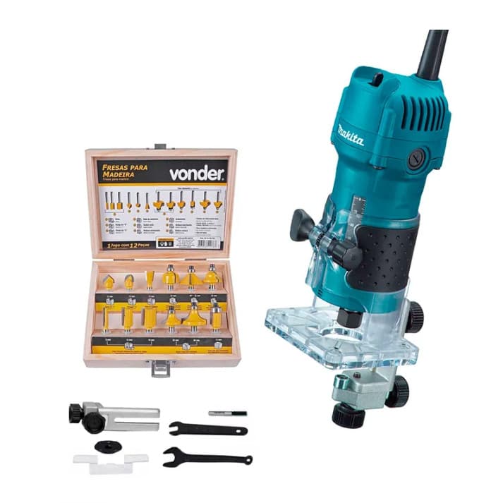Tupia Makita 3709 350w + Jogo de Fresas para Madeira 6mm com 12 Pecas Vonder - 220v