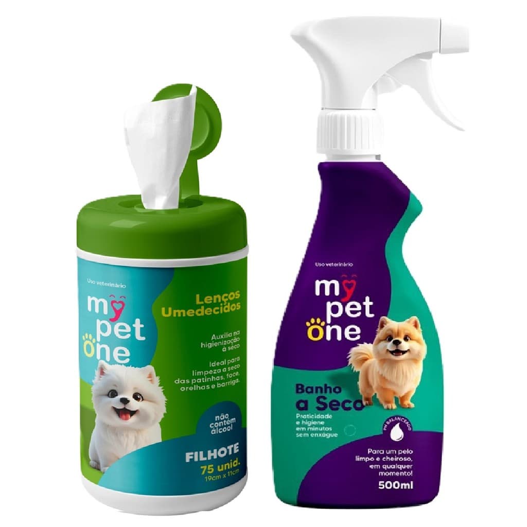 Kit Banho a Seco Cães Filhotes + Lenço Umedecido Cães Filhotes Mypetone