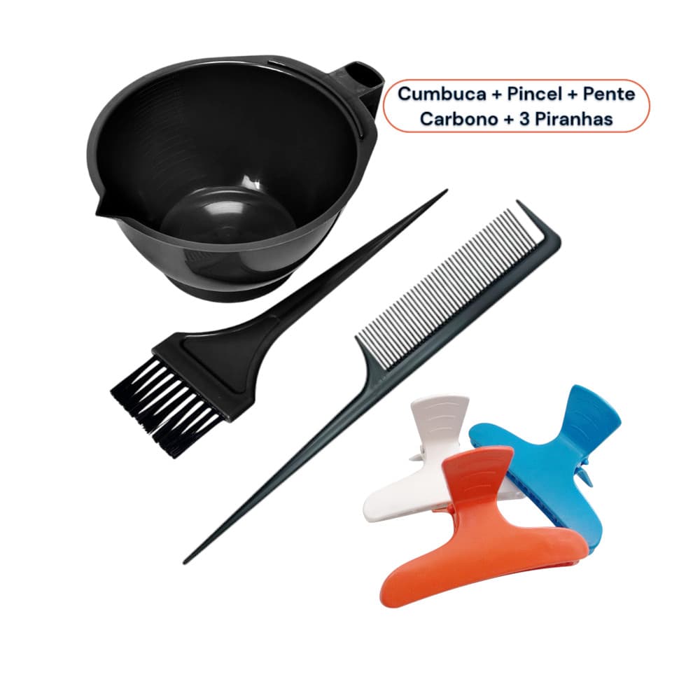 Kit Coloração Banho de Lua Cumbuca Pincel Pente Carbono + 3 Piranhas Acessórios Tintura