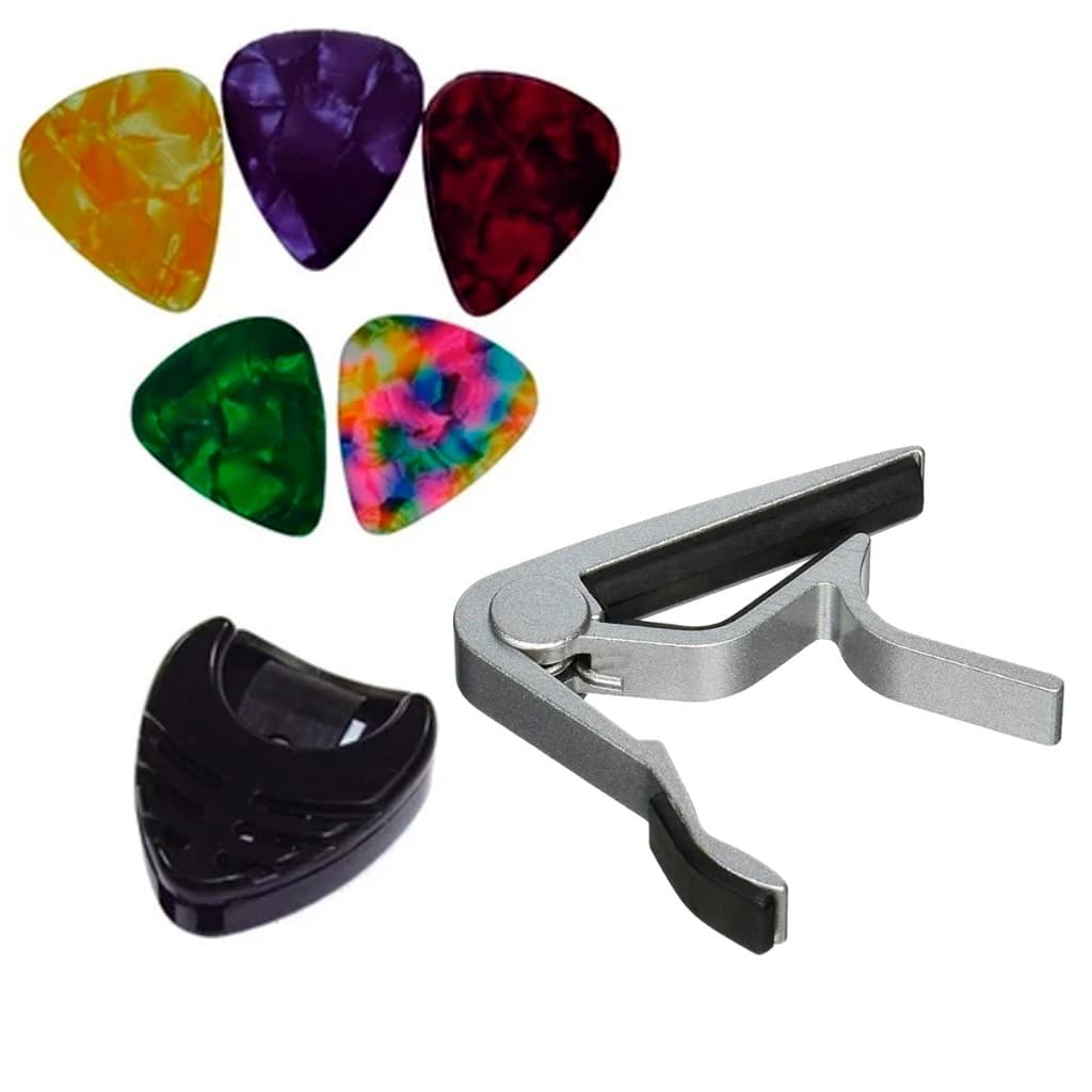 Capotraste Pestana Braçadeira Violão Guitarra Ukulele NV/PRT+ Porta Palhetas+ 5 Palhetas