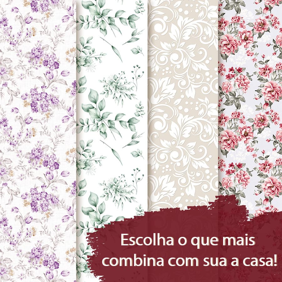 Papel de Parede Floral Aquarela com Folhas em Tons Rosa Roxo e Verde Leveza e Cor em Fundo Pastel