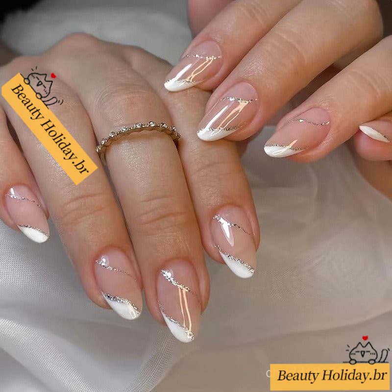 unhas postiças decoradas francesinha Conjunto De Unhas Falsas Ripple Ovais Com Cola Pregos Falsos