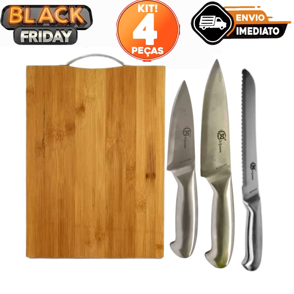 Kit Tábua de Corte de Bambu + 3 Faca Profissional Aço Inox Inteiriça