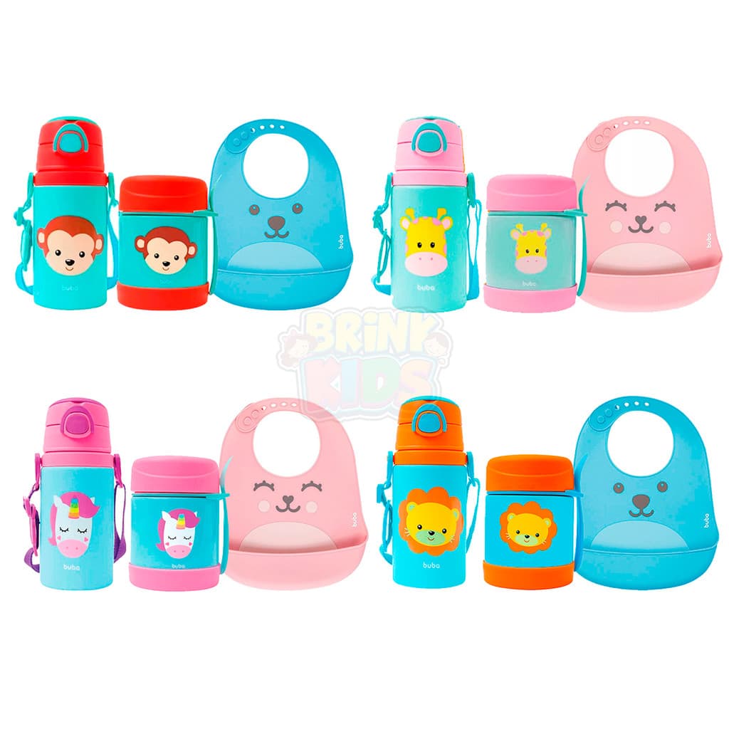 Kit Pote Térmico Garrafa De Alumínio Com Canudo De Silicone + Babador Buba