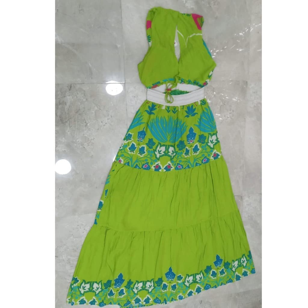 Vestido Longo Com Elástico Grosso Estampado Verde PRIMAVERA/VERÃO
