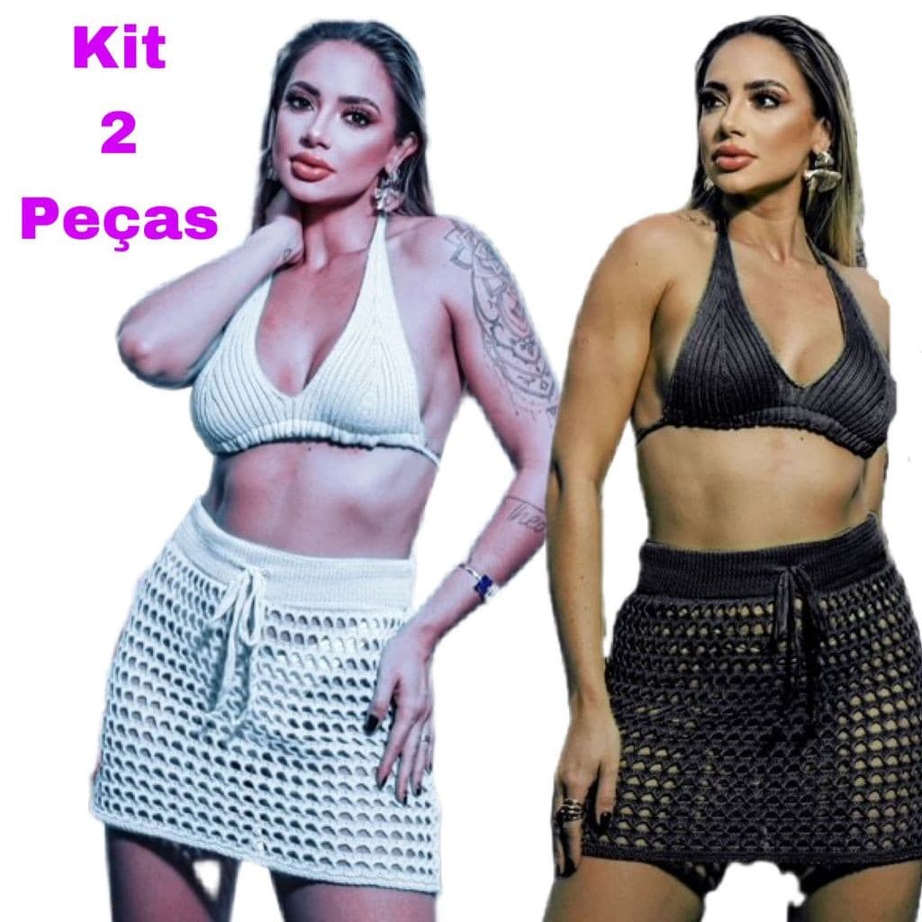 KIt com 2 Saias Curta Tricot Premium Feminino Moda Saída de Praia Piscina Verão Charmilly Tricot