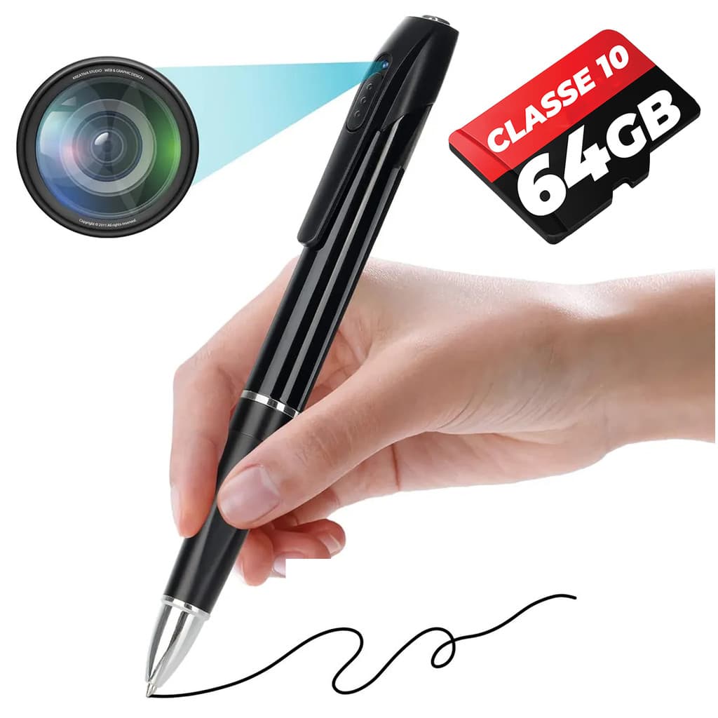 Câmera Disfarçada Caneta + 64GB Escuta Gravador de voz e video Filma HD Secreta escondida Z26