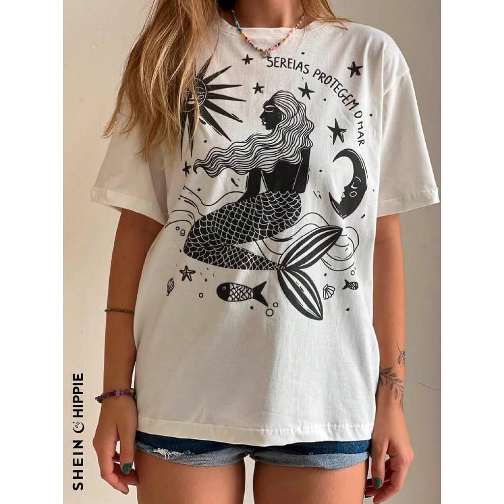 Camiseta Sereias Protegem o Mar - Creme blusa feminina  camiseta academia camiseta anime blusa feminina t shirt