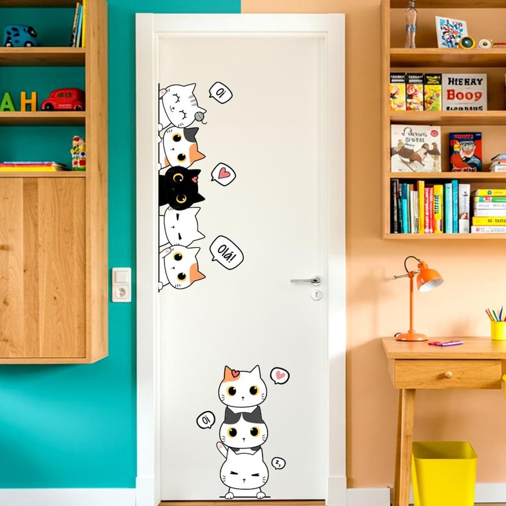 Adesivo Gatos Decorativo Infantil Lavável Seguro Para Porta ou Parede Quarto Menina Menino Bebê