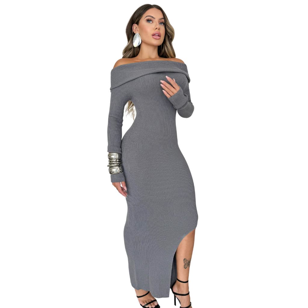 Vestido Feminino Ombro a Ombro Cigana Fenda Tricot Modal