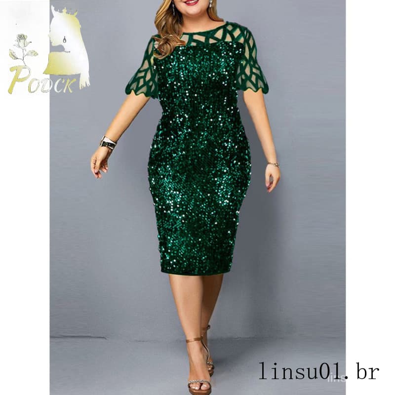 Mulheres Manga Curta Lantejoulas Vestido de Festa Malha Ver Através Slim Bodycon Pencil Dress Plus Size Roupas Femininas