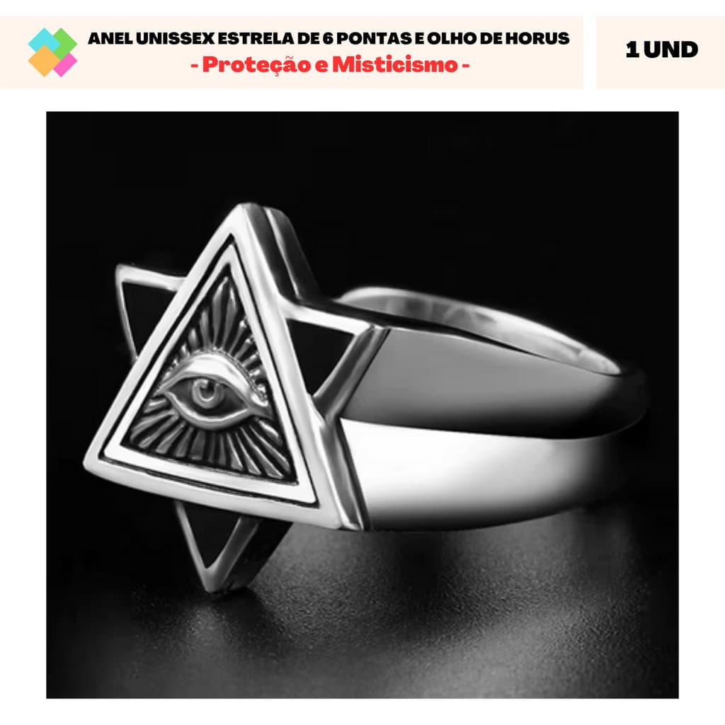 Anel Unissex Estrela de 6 Pontas e Olho de Horus (Misticismo e Proteção) - Ajustável e em Aço Inoxidável (1 Und)