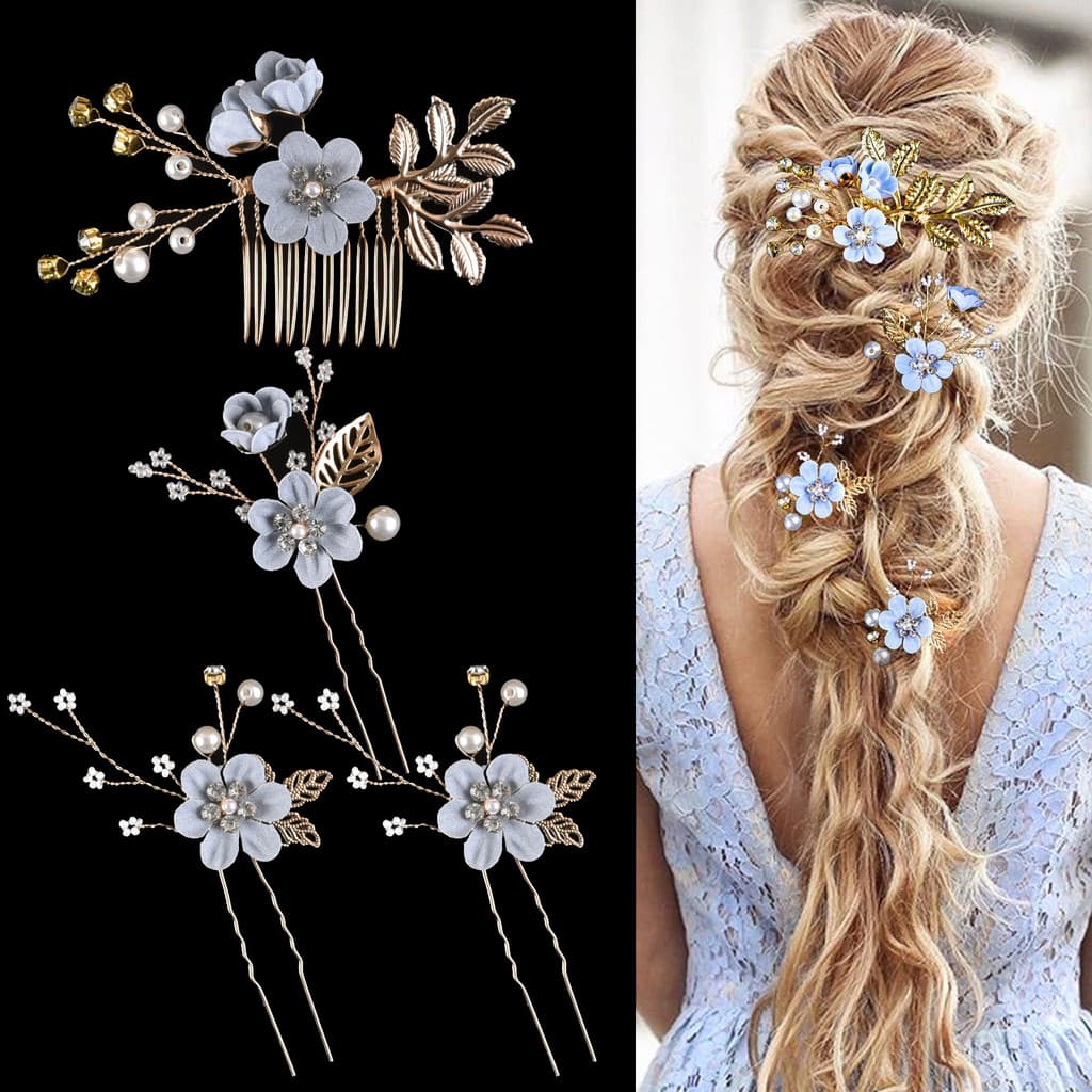 Conjunto de 4 peças de acessórios de cabelo de noiva com flores coloridas para casamento