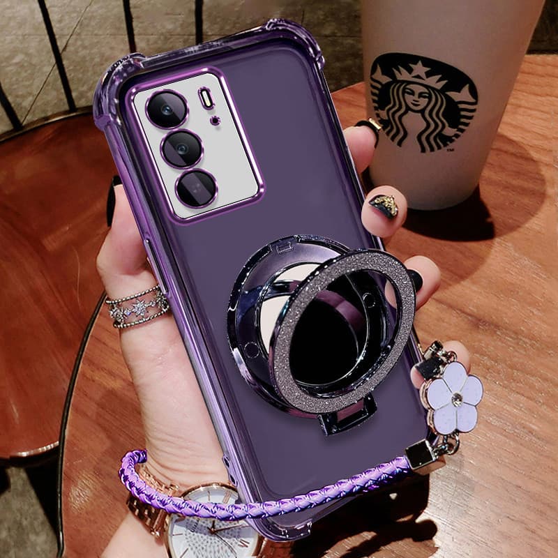 Invólucro REALME C75 caso de telefone à prova de choque espelho titular magnético flor pulseira caso translúcido proteçã