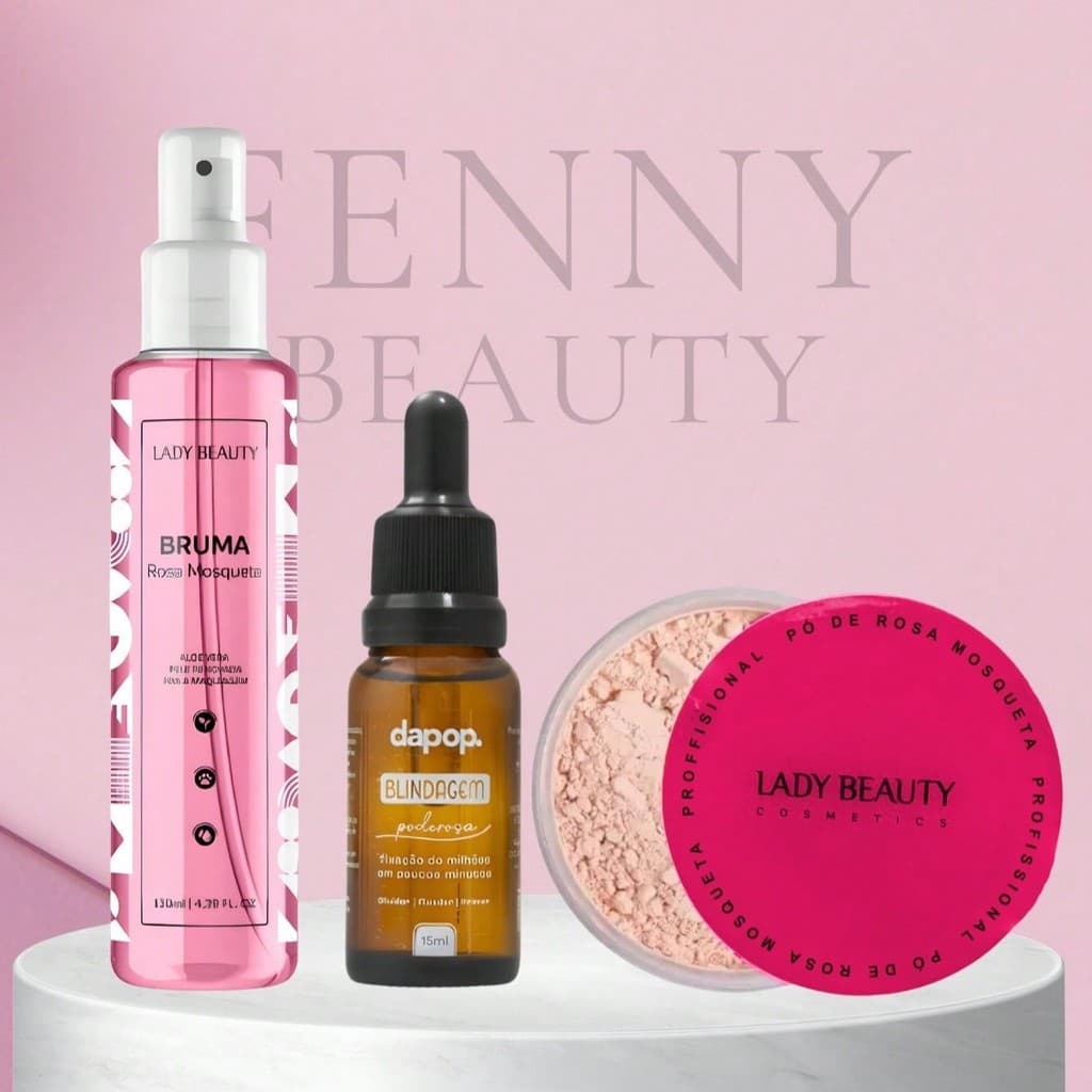Kit Blindagem Diluidor, Fixador e Primer Dapop + Bruma Rosa Mosqueta + Pó Rosa Mosqueta Lady Beauty