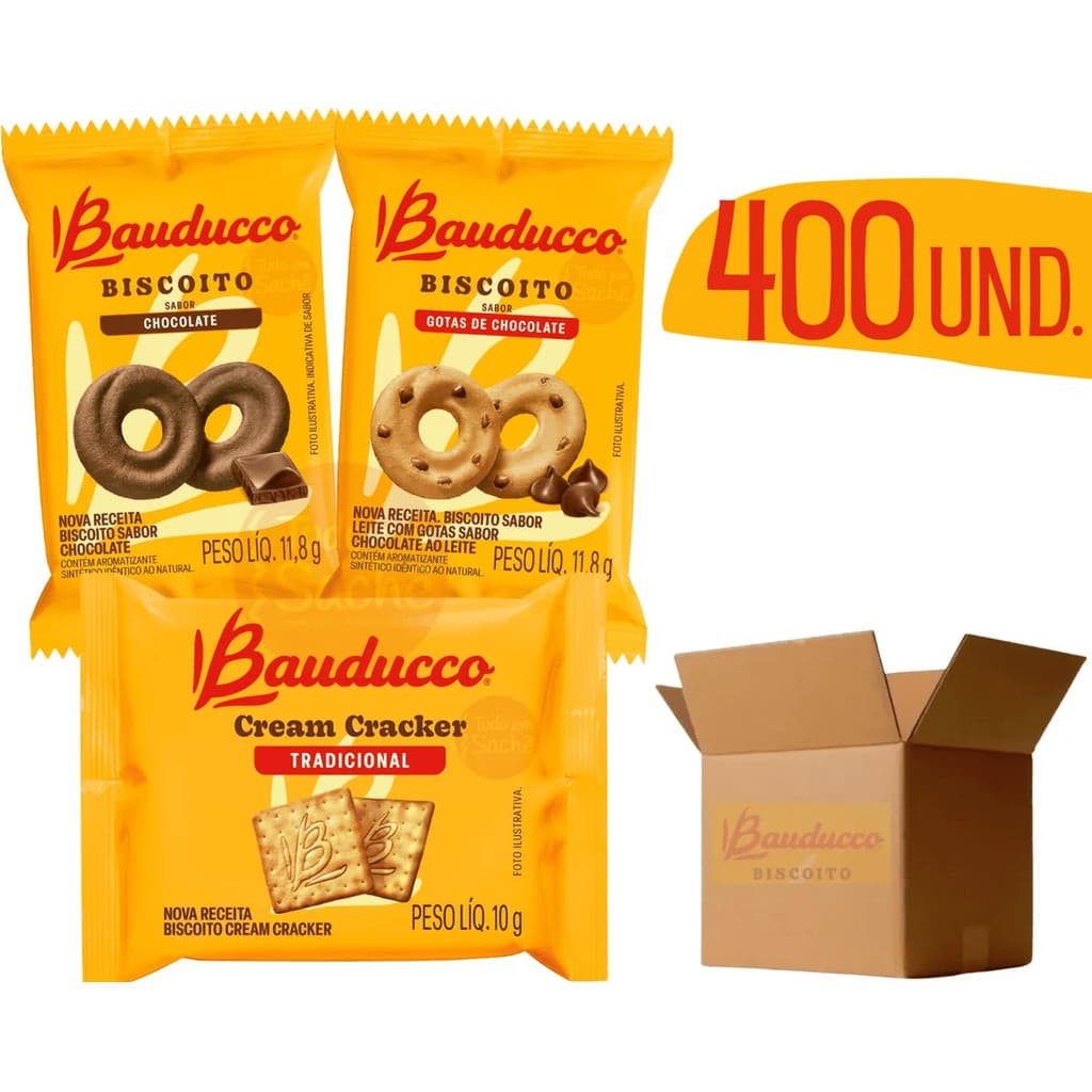 Kit 400 Biscoito Amanteigado Sache Bauducco Sabores (Gotas de Chocolate, Cracker, Chocolate)