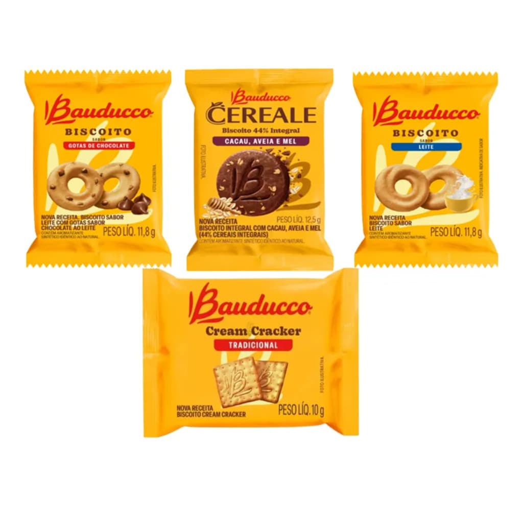 Kit 100 Biscoito Amanteigado Sache Bauducco Sabores (Cacau Cereale, Cracker, Gotas, Leite)