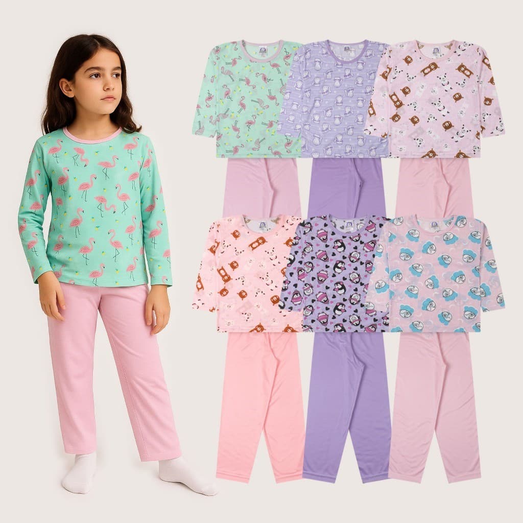 Kit Sortido 2 conjuntos Pijama Estampado Infantil Feminino 2 Blusas + 2 Calças