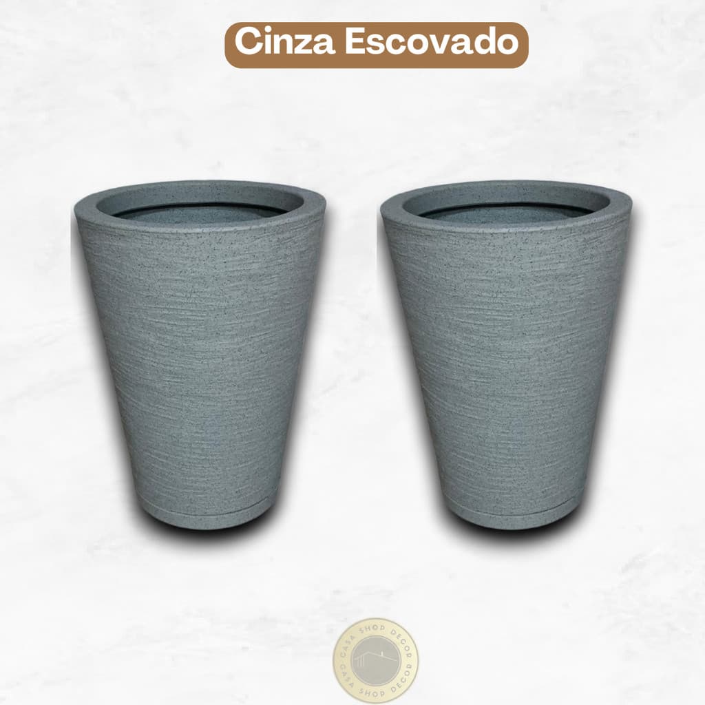 Kit 2 Vasos Moderno Texturizados Planta Coluna Redondo Escovado Decorativo Polietileno Nº2 (39x29) Com Prato