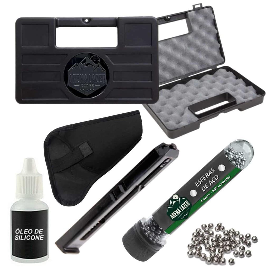 Kit Maleta Rígida + Magazine C11 4.5mm + 500 Esferas Aço + Óleo Silicone + Coldre Pistola Airsoft