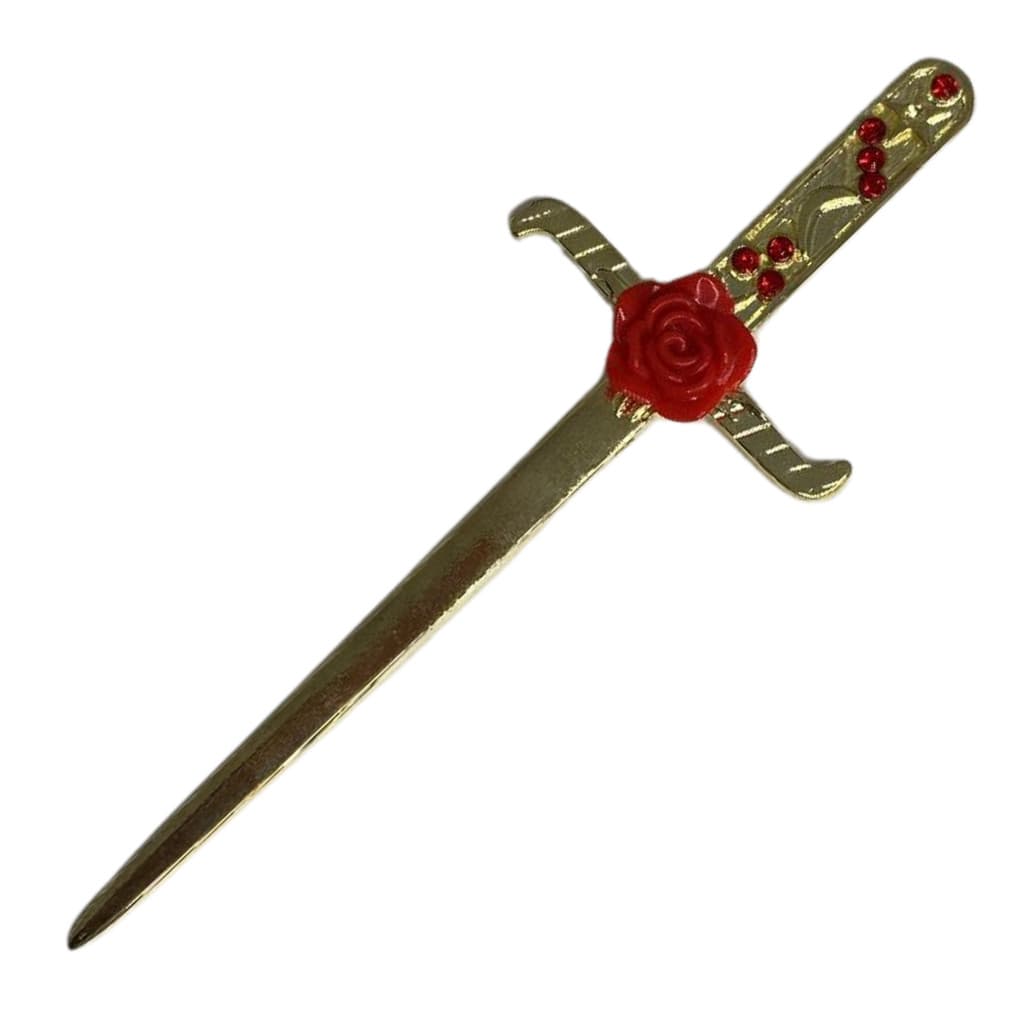 Athame em Metal Dourado Brilhante com Rosa Vermelha 16,50 cm e Strass Pomba Gira e Cigana