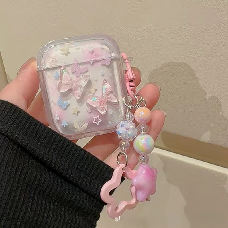 Capa 3d Borboleta rosa Protetora com Chaveiro de coração de cristal para Airpods Pro 2 Fones de ouvido não incluídos