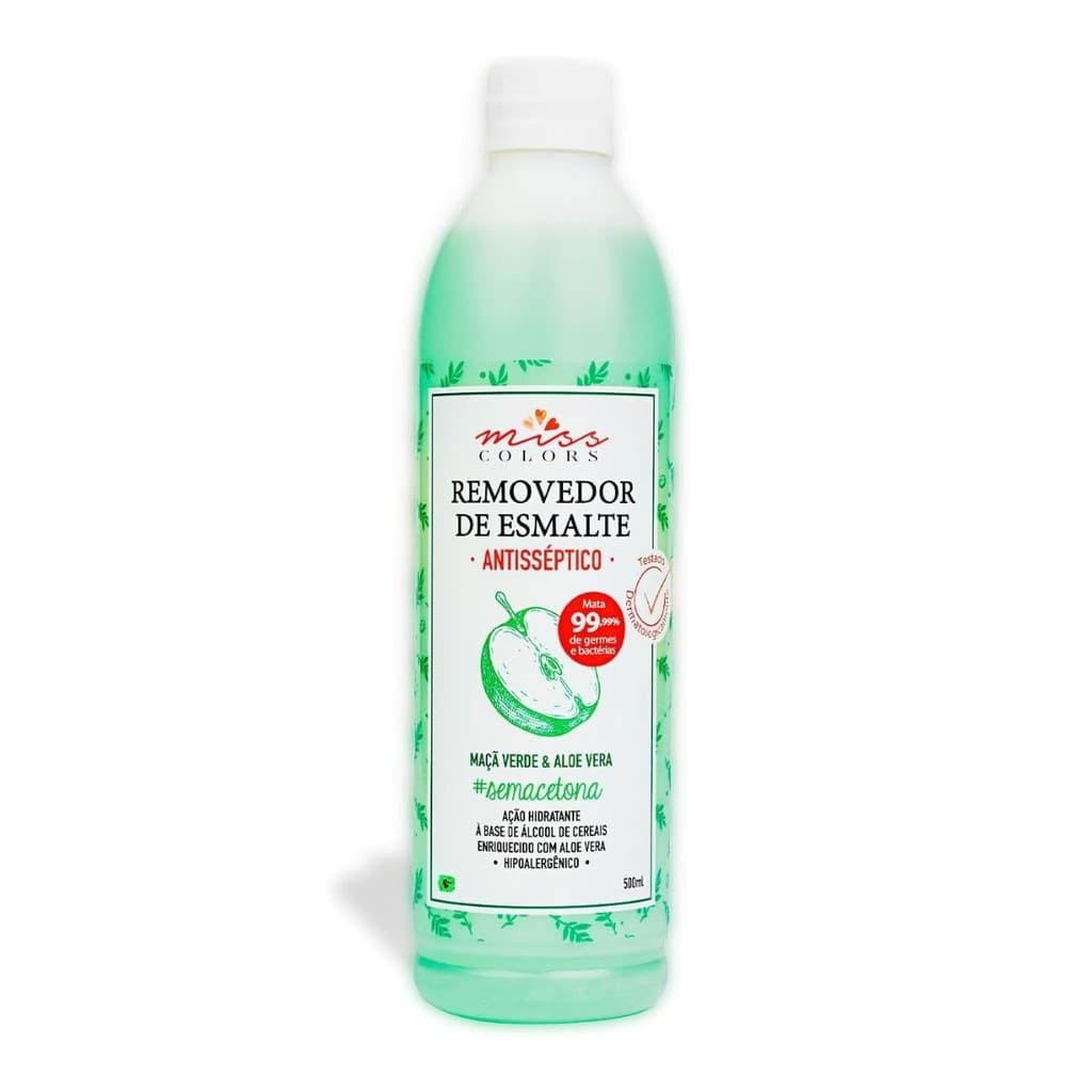 Removedor de Esmalte Sem Acetona 500ML - Miss Colors - Alto Poder de Remoção - Maça Verde & Aloe Vera